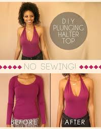 Simple Diy Way To Transform A Regular Fitted Shirt Into A Plunging Halter Top With No Sewing Refashion Clothes Diy Clothes Refashion Diy Shirts No Sew