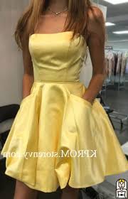 Cute Yellow Strapless Cocktail Dresses A Line Homecoming Dress With Pockets 2019 Casualdres Cocktail Dress Yellow Dresses Party Dress