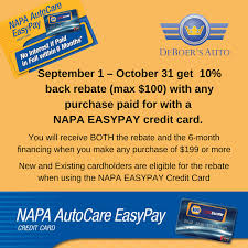 6 and 12 month special financing available* on purchases of $199 or more made with your napa easypay credit card at participating locations. Napa Easypay Credit Card