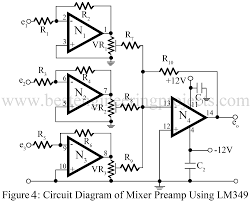 A audio mixer circuit is used to combine output from several microphones/channel into one or more common outputs, usually for public address purpose or the function of the audio mixture circuit, as the name suggests is to 'mix' the different audio signals which are fed to the input for the mixer. Audio Mixer Circuit Engineering Projects