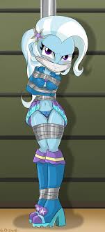 1188271 - questionable, semi-grimdark, artist:gaggeddude32, trixie,  equestria girls, bad anatomy, bdsm, belly button, blue underwear, blushing,  bondage, boots, breast bondage, breasts, canterlot high, clothes,  commission, cutie mark underwear, duct ...