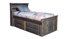 Side & front view bed with linen, duvet blanket & pillows. Turkey Creek Rustic Gray Twin Bed