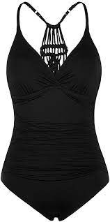 Hilor Women S Shirred Halter One Piece Swimsuits Macrame Back Swimwear Solid Bathing Suit Blac Women Swimsuits Tummy Control Swimwear Halter One Piece Swimsuit