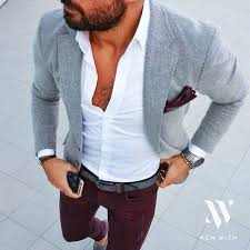 Graues Sakko Weisses Businesshemd Dunkelrote Enge Jeans Grauer Ledergurtel Fur Herren Sakko Manner Kleidung Und Outfit