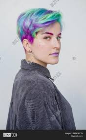 The teal and purple have a trendy choice and it is a great option if you have short hair. Young Woman Short Hair Image Photo Free Trial Bigstock