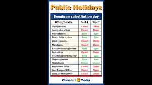 The following is the list of official public holidays recognized by the government of russia. Offices To Close For Four Day Songkran Substitution Holiday Long Weekend