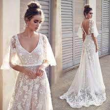 2019 Boho V Neck Cap Sleeve Lace Beach Wedding Dress Lace Beach Wedding Dress Simple Lace Wedding Dress Best Wedding Guest Dresses