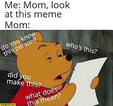 Bruh look at this dude ! Winnie The Pooh Me Mom Look At This Meme Mom Who S This Do You Know This Person Did You Make This What Does This Mean Starecat Com