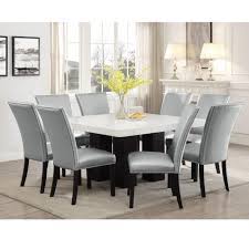 It's crafted with a plank style rectangular top, tapered legs, and a gray finish that easily pairs with everything from earthy tones to bold colors. Prime Camila 9 Piece Dining Set With Marble Table Top Prime Brothers Furniture Dining 7 Or More Piece Sets