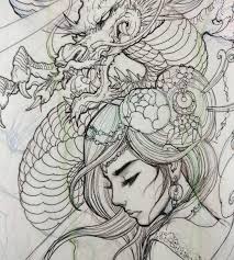 With exquisite colors and patterns, a geisha tattoo can be sensual, mysterious, beautiful, and exotic. Tattoo Of Geisha And Dragon Irezumi Japan Tattoo Dragon Drawing Geisha Illustration Irezumi Geisha Tattoo Design Japanese Tattoo Designs Japan Tattoo