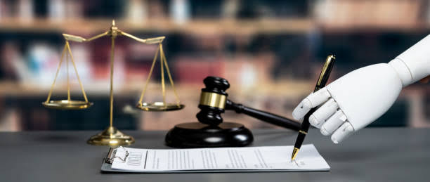 AI systems analyzing justice algorithms in a digital courtroom