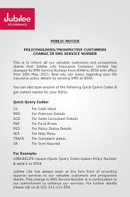 I have moved to another city and closed my older account (no. Policy Holders Prospective Customers Change In Sms Service Number Jubilee Life