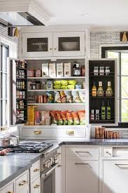 White Cabinets Accented With Metal Mesh Doors Are Located Above A Well Organized Snack Cabinet Fitted With Spice Kitchen Design Pantry Cabinet Kitchen Cabinets
