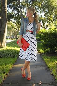 Black And White Polka Dot Dress With Red Shoes Denim Polka Dots Denim Jacket With Dress Denim Polka Dot Polka Dress