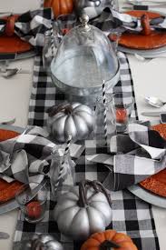 Black And White Halloween Table Decor Black And White Buffalo Plaid Tablescape Polka Dotted Blue Jay Buffalo Plaid Tablescape Pumpkin Centerpieces Pumpkin Tablescape