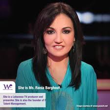 She is Rania Barghout. She is a Lebanese TV presenter known as the Arab  world's 'Talk Show Queen'. She is also L'Oreal's only Arab spokesmodel. She  is also the founder of Rstars Talent Management. ...