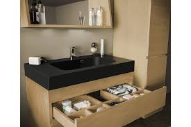Équipez votre petite salle de bain de cet ensemble double vasque compact et pratique dans son coloris chaleureux bois scandinave et inox. Meuble De Salle De Bain En Bois Avec Sa Vasque Noir Mat Et Son Miroir Hellin