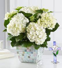 Sympathy plants we also have sympathy flowers to send to a home or funeral flowers to a church or funeral home. White Hydrangea In Mosaic For Sympathy 1800flowers Com 101012