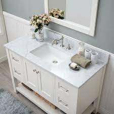 White marble top for a white bathroom vanity. White Shaker 48 Bathroom Vanity 2 Drawers 2 Sinks Open Shelf W Marble Top 48 Bathroom Vanity White Vanity Bathroom Bathroom Styling