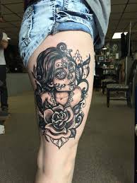 Day of the dead thigh tattoo by livio cuci, an artist at memorink tattoo studio in brescia, italy. Getting That Leg Piece Started Tattoo Dayofthedeadgirl Legsleeveprogress Legsleeve Tattoos Pieces Tattoo Thigh Tattoo