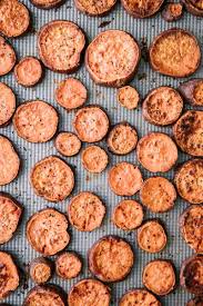 Roasted Sweet Potato Rounds Easy Baked Crispy Sweet Potato Slices Recipe Sweet Potato Slices Baked Sweet Potato Slices Roasted Sweet Potato Slices