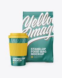 Matte Stand Up Bag With Coffee Cup Mockup In Bag Sack Mockups On Yellow Images Object Mockups
