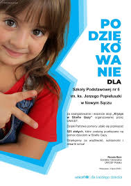 Otrzymaliśmy podziękowanie od UNICEF Polska za wsparcie akcji „Kryzys w  Strefie Gazy”. Podczas szkolnego Dnia Rodziny w czerwcu br. zebraliśmy 525  zł i dzięki zaangażowaniu całej społeczności szkolnej oraz włączeniu się  uczniów