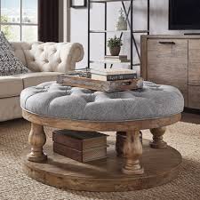 Knightsbridge Tufted Linen Baluster 40 Inch Round Cocktail Ottoman By Inspire Q Artis Storage Ottoman Coffee Table Tufted Ottoman Coffee Table Cocktail Ottoman