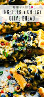 Cheesy Olive Bread Is A Crunchy Bread Layered With Salty Green Olives Black Olives Melted Cheese To Make An Ou Olive Bread Olive Recipes Black Olives Recipes