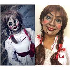 This diy annabelle doll costume from the conjuring will. Annabelle Doll Makeup Costume Halloween Makeup Scary Halloween Makeup Inspiration Halloween Makeup Diy