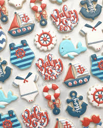 Ahoy It S A Boy Cookies For A Nautical Themed Baby Shower I Loved The Color Nautical Baby Shower Boy Nautical Baby Shower Girl Nautical Theme Baby Shower Boy