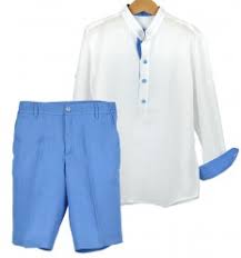 Lo sentimos, no hemos podido traducir este anuncio al español. Camisa Blanca Y Bermuda Azul De Lino Para Nino