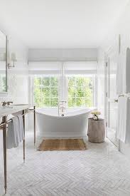 Marble Herringbone Pattern Bath Floor Tiles Transitional Bathroom In 2020 Herringbone Tile Floors Herringbone Marble Floor Free Standing Bath Tub