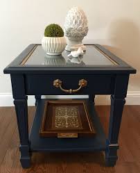 Navy Blue End Table With Gold Hardware And Trim And Glass Inset Over Wicker Top Wicker Table Flipping Furniture Painted Furniture
