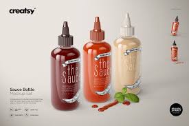 Six wine bottles with blank labels in wooden box. Sauce Bottle Mockup Set Creative Photoshop Templates Creative Market