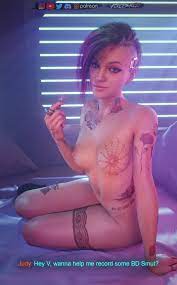 1girls 3d cyberpunk 2077 dialogue female only forceballfx judy  alvarez nude punk punk girl purple hair tattoo tattoos text 