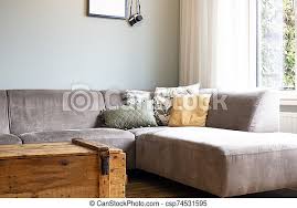 The latest ideas for a modern living room. Modern Retro Light Living Room With Grey Sofa And Various Colored Pillows Current Trend Wooden Box Table Canstock