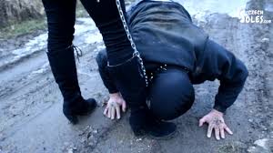 Walking the doggy in the cold - boots worship (femdom, footdom, boots  licking, foot slave on leash)