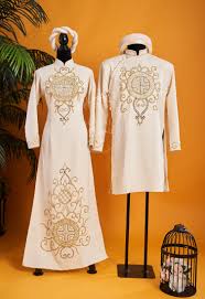 Traditional Wedding Couple Ao Dai Long Dress, in Ivory/Light Gold, with  Hand-beading Details, Premade and Custom Size | Áo Dài Cưới Cặp Đôi