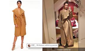Featuring a camel material with a. Prettylittlething Shopper Left Swamped By Huge Camel Coat Daily Mail Online