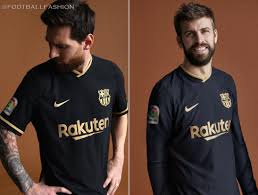Black from head to toe — jersey, shorts and socks — the kit features a golden nike swoosh, club crest and sponsor logo, with an embroidered crest and swoosh with an elevated trim. Fc Barcelona 2020 21 Nike Away Kit Football Fashion