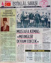 Türkiye Gençlik Birliği (TGB) - İstiklal Savaşı dönemindeki gazete  haberlerini aynen ancak latin harflerine çevirip yeniden yayınlayan  İstiklal Savaşı Gazetesi'nin 29 Mayıs 1919 tarihli birinci sayfası: Gazete  Milliyet Gazetesi'nin, Milli Mücadele dönemi