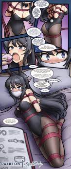 magnolia-baillon, sakurajima mai, seishun buta yarou, tied up, absurdres,  commentary, commentary request, english commentary, highres, mixed-language  commentary, animal ears, arms behind back, bed, black hair, black leotard,  blue eyes, blush, book, bound,
