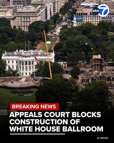 BREAKING NEWS: A federal appeals court has issued a ruling blocking the construction of President Trump's $400 million White House ballroom, concluding that congressional approval is needed for the project. Read more