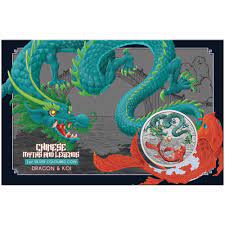 Chinese Myths and Legends Green Dragon and Koi 2023 1oz Silver Coloured  Coin in Card