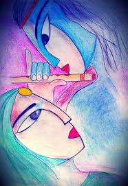 Radha Krishna Drawing By Harshada Chougule People sitting on the floor of hare krishna temple of understanding before praying. radha krishna by harshada chougule