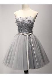 Light Gray Homecoming Dress Sweetheart Hand Made Flower Short Prom Dress Party Dress Strapless Tulle Appliqued Homecoming Dress With Belt Grey Homecoming Dress Grey Prom Dress Backless Prom Dresses