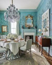 In the dining room, marble hill house. Blue Chinoiserie Wallpaper Gracie Studio Gingham Tablecloth Ruffled Skirt Round Table Chandelier Dining Room Becky Boyle Southern Living Showhouse Fireplace Katie Considers