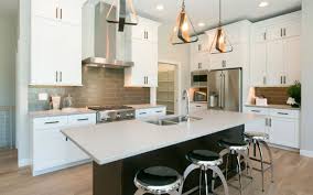 Ww Wood Products Aspect Cabinetry White Perimeter With Bistre Stain Island Quartz Countertops Caesar Caesarstone Raw Concrete Quartz Countertops Countertops