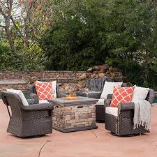 Christopher Knight Home 300248 Augusta Patio Furniture 5 Piece Outdoor Wicker Rocking Arm Chair And Propane Fire Pit Seating Fire Pit Sets Fire Pit Table Set